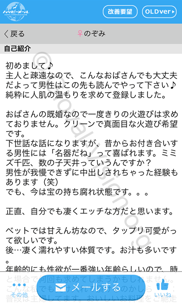 ハッピーメールの援デリ業者のプロフィールコメントのスクリーンショット