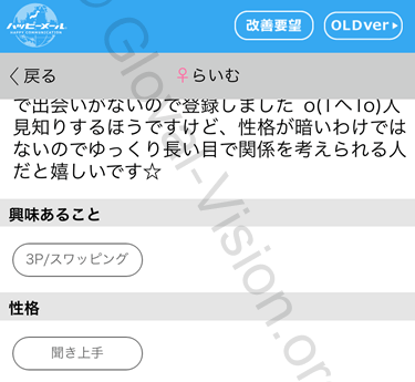 ハッピーメールの援デリ業者が登録しているプロフィールの出会いの目的のスクリーンショット